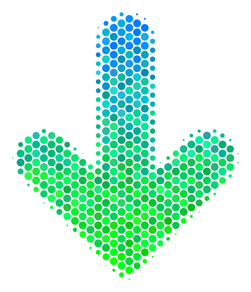Green Stick Marketing Halftone circle Arrow Down pictogram. Pictogram in green and blue color tinges on a white background. Raster composition of arrow down icon designed of round dots.